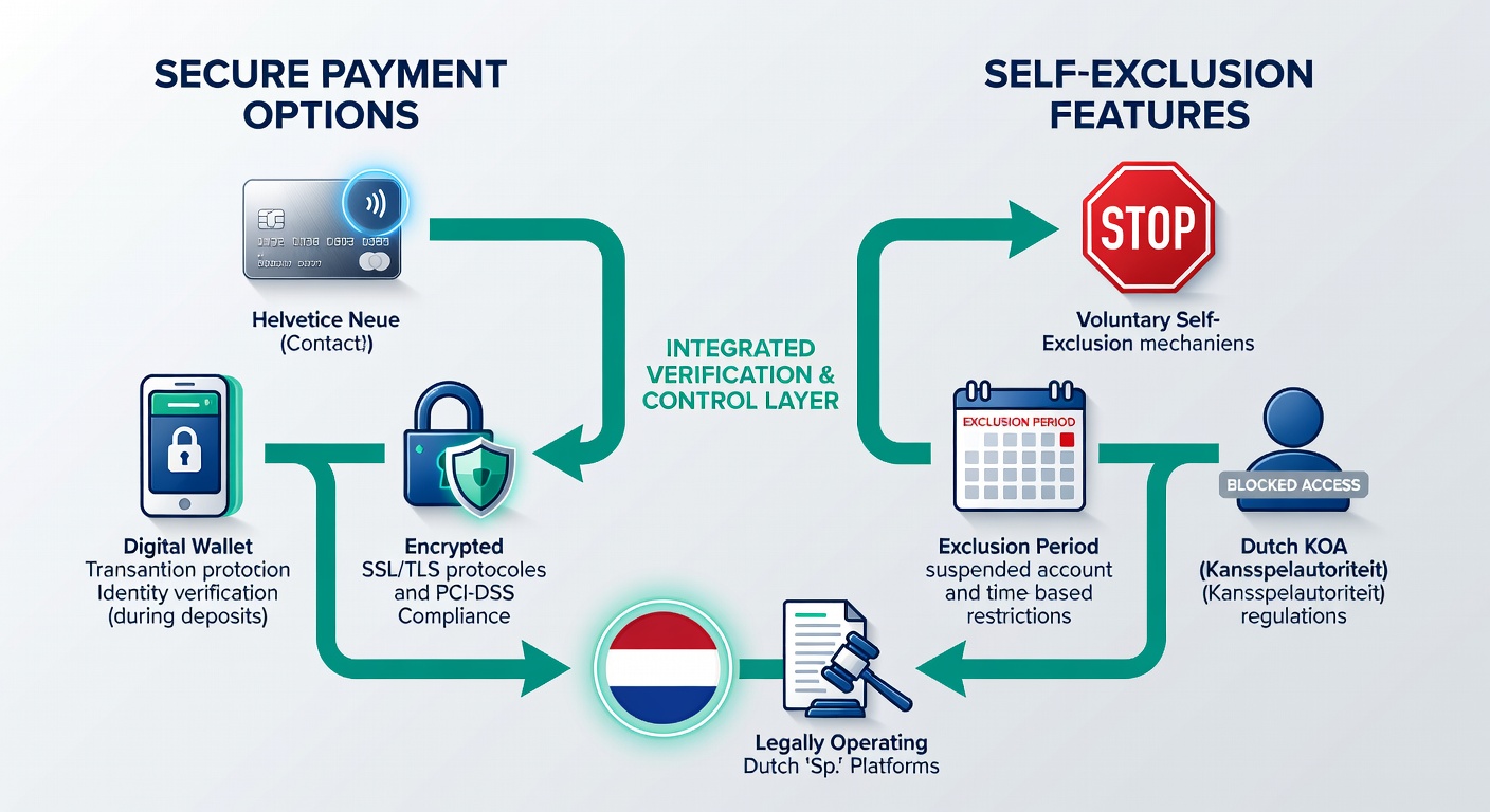 Diagram van hoe betalingsverificatie en zelfuitsluiting samenwerken in legale Nederlandse sportsbooks