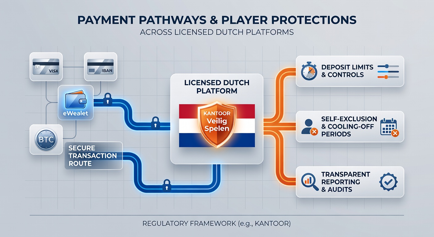 Diagram van beschermde transactieroutes en limietcontroles bij Nederlandse online kansspelen